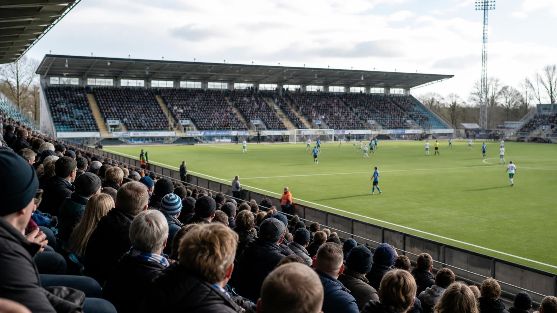 Täysi katsomo englantilaisella jalkapallostadionilla iltavalaistuksessa
